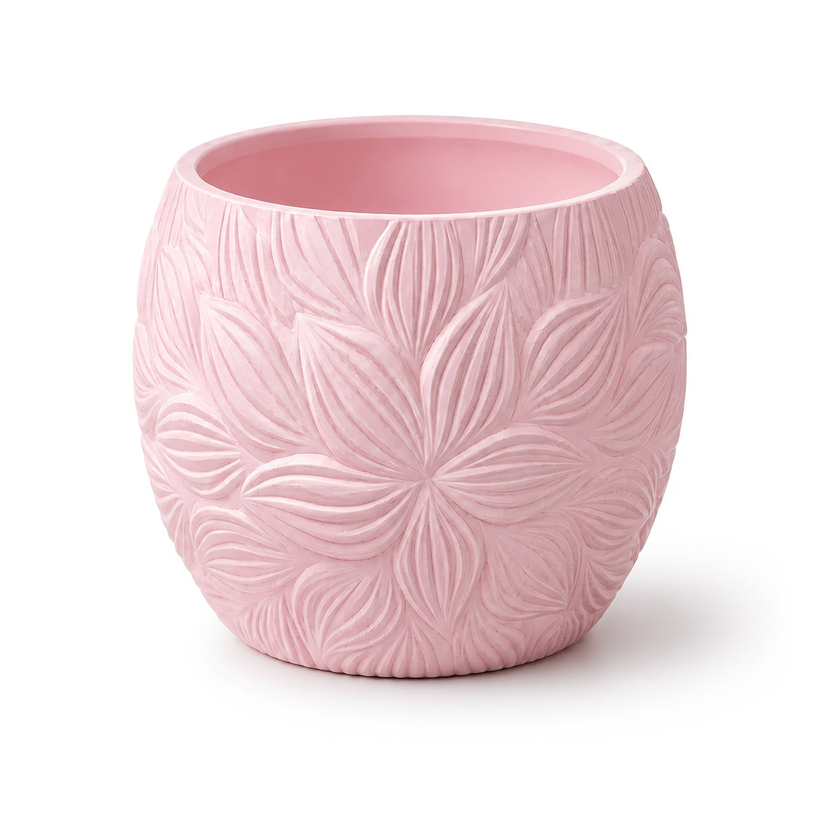 Pot de fleur rose Ø 11 cm — relief floral et trou de drainage