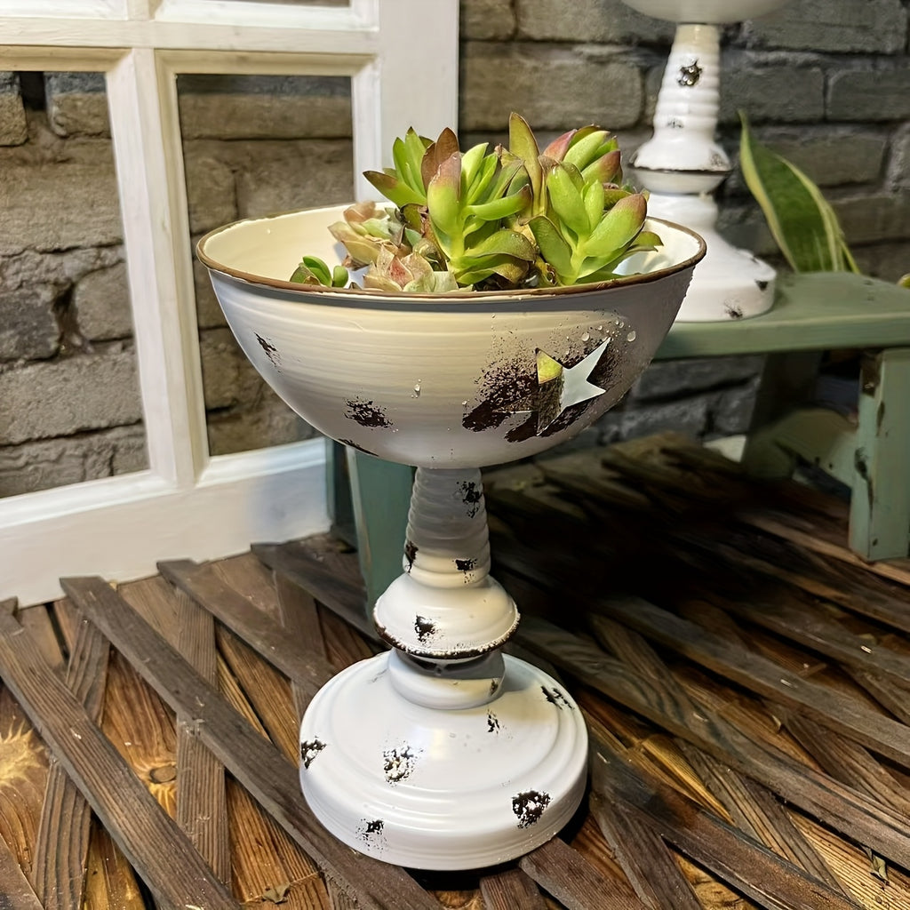Pot de fleur sur pied métal blanc vieilli à étoile, Ø 17 cm