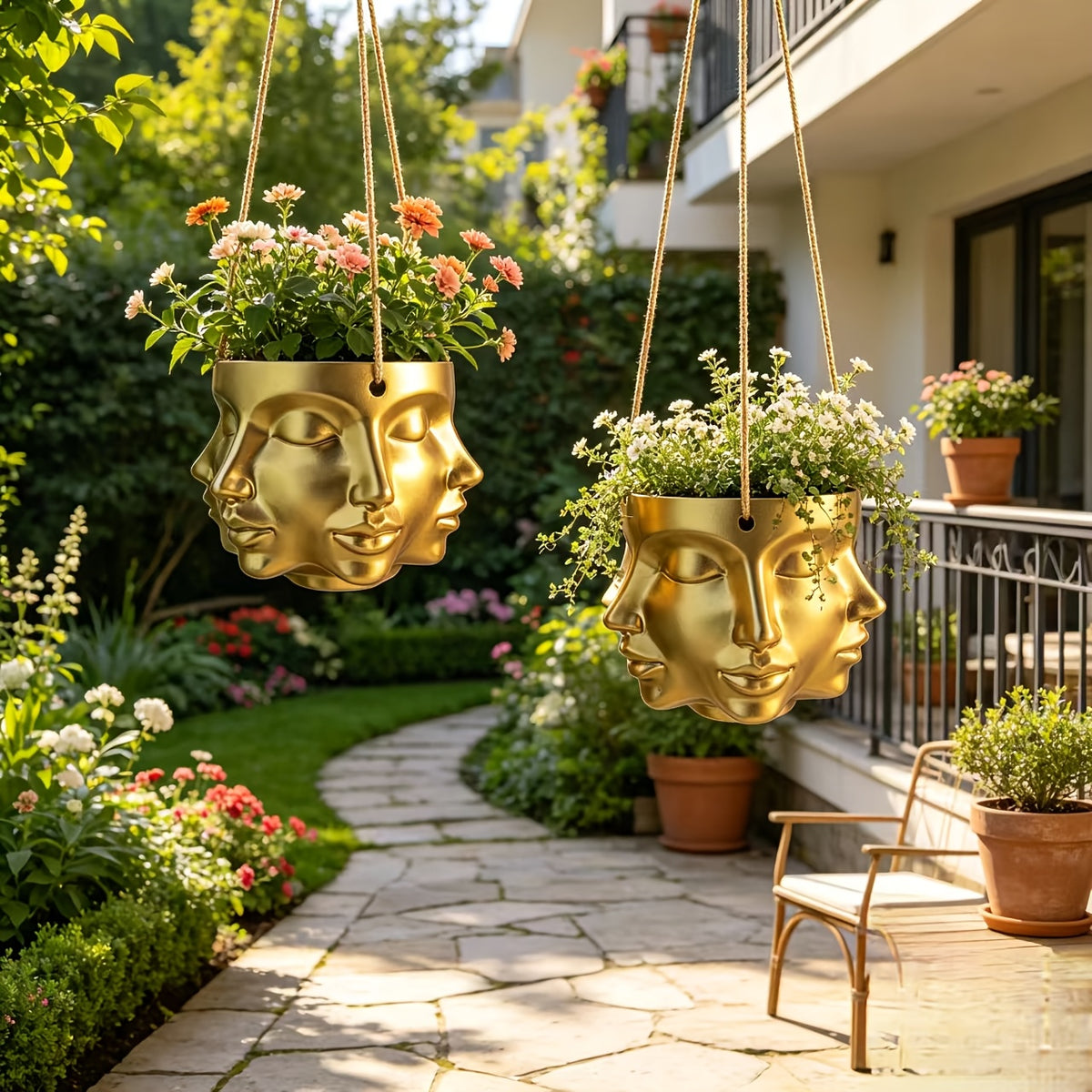 Pot de fleur suspendu doré à visages sculptés en résine Ø 15 cm