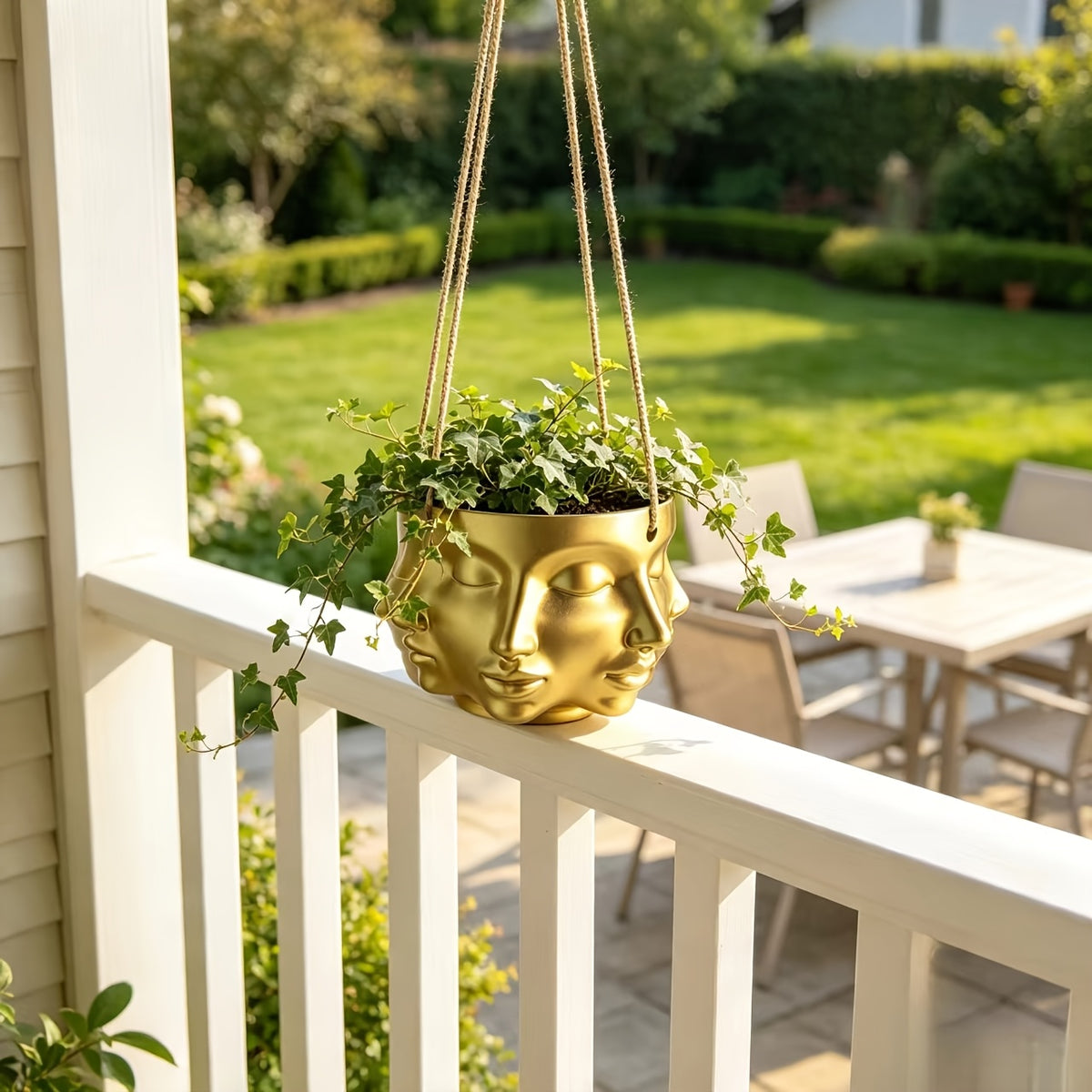 Pot de fleur suspendu doré à visages sculptés en résine Ø 15 cm