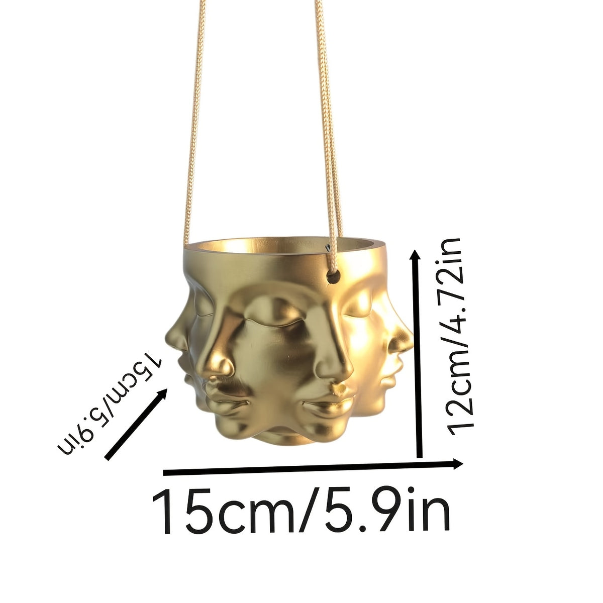 Pot de fleur suspendu doré à visages sculptés en résine Ø 15 cm