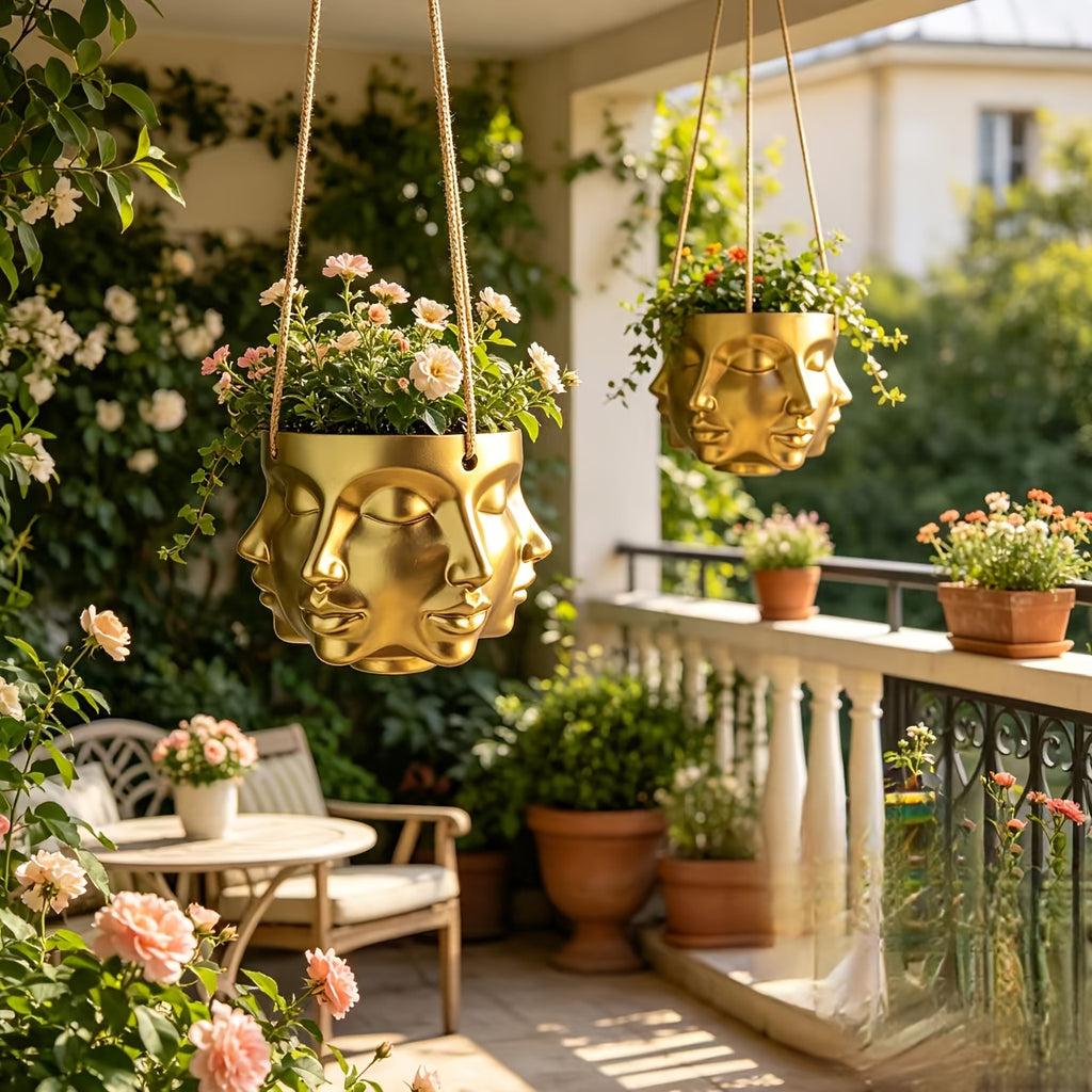 Pot de fleur suspendu doré à visages sculptés en résine Ø 15 cm