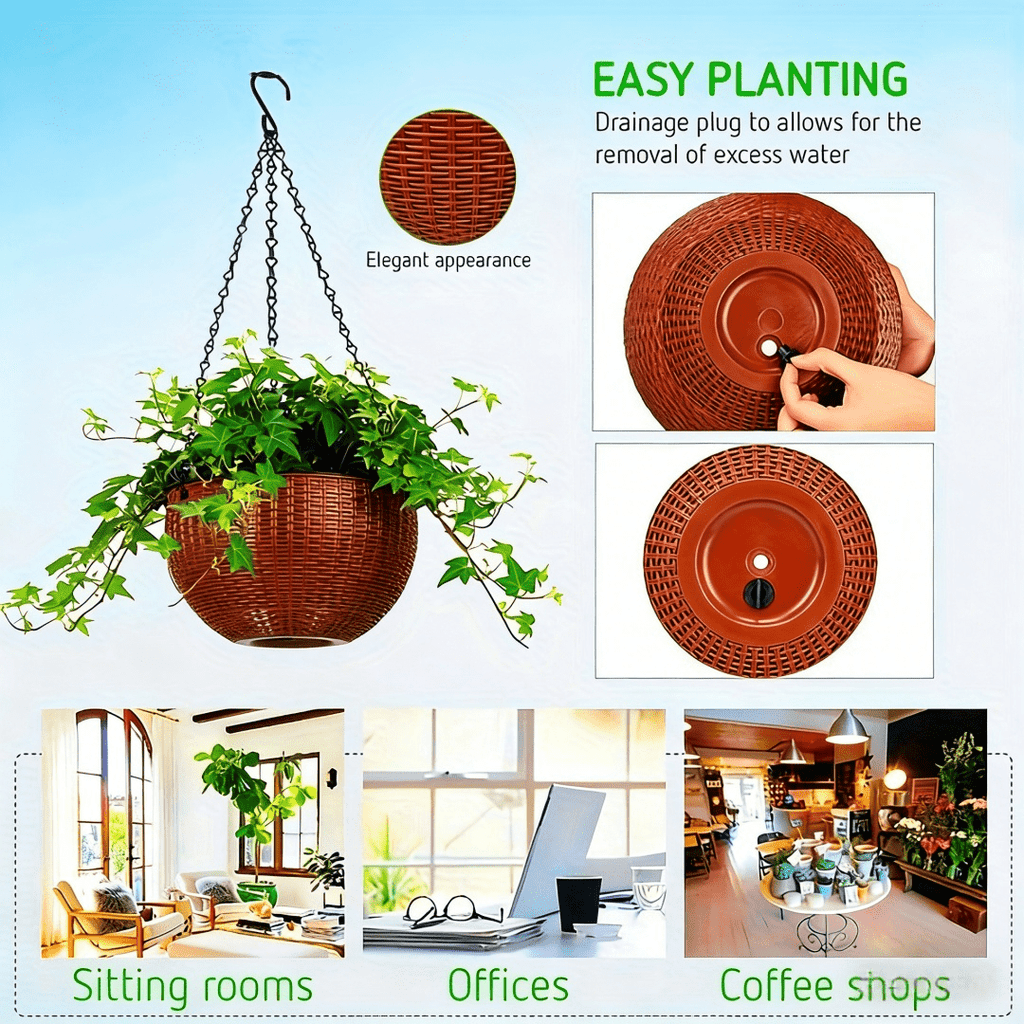 Pot de fleur suspendu noir Ø 17 cm, effet rotin avec drainage