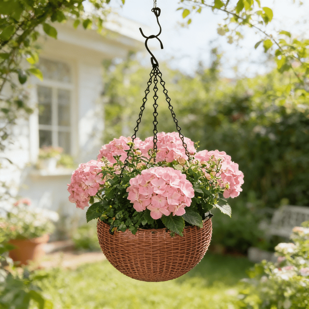 Pot de fleur suspendu noir Ø 17 cm, effet rotin avec drainage