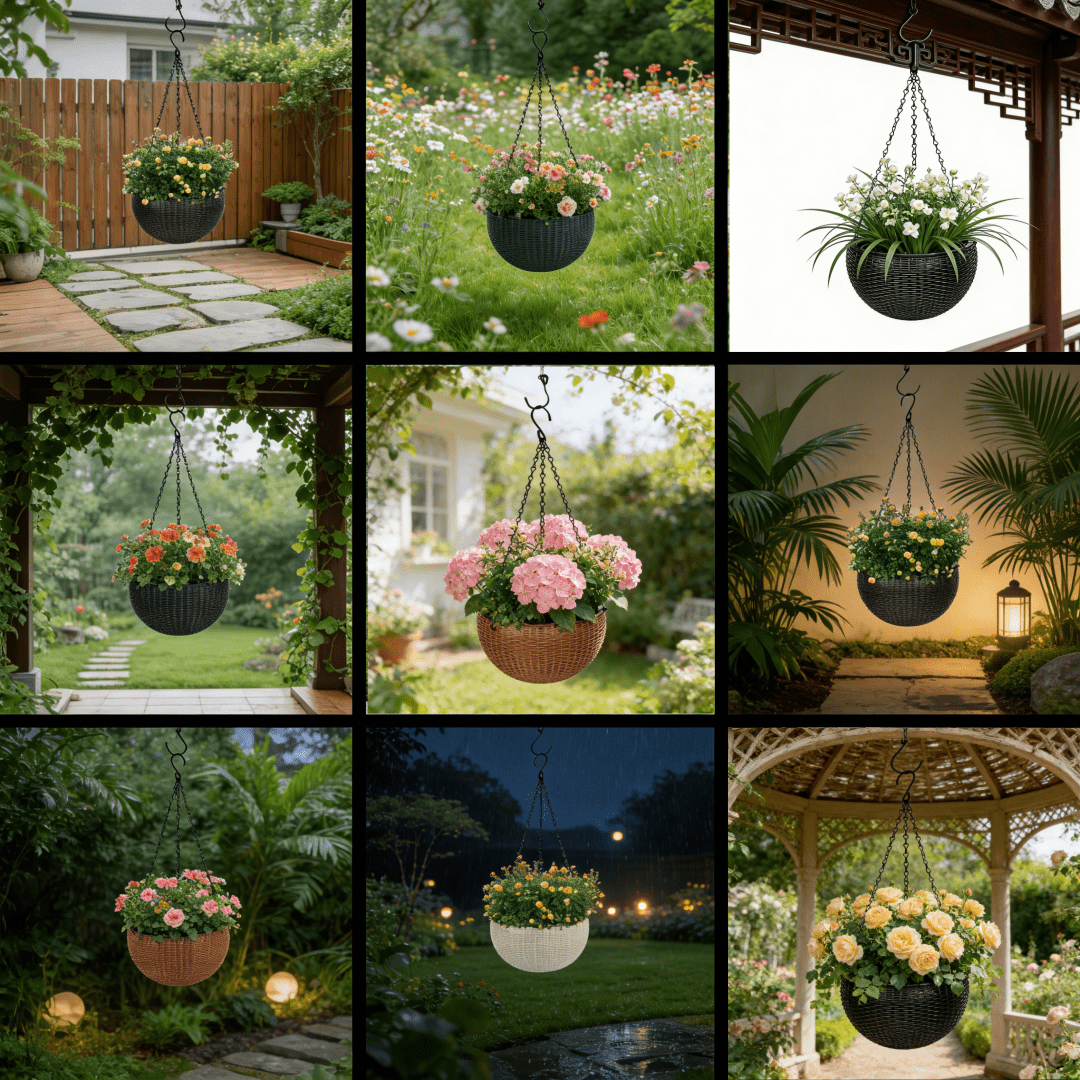 Pot de fleur suspendu noir Ø 17 cm, effet rotin avec drainage