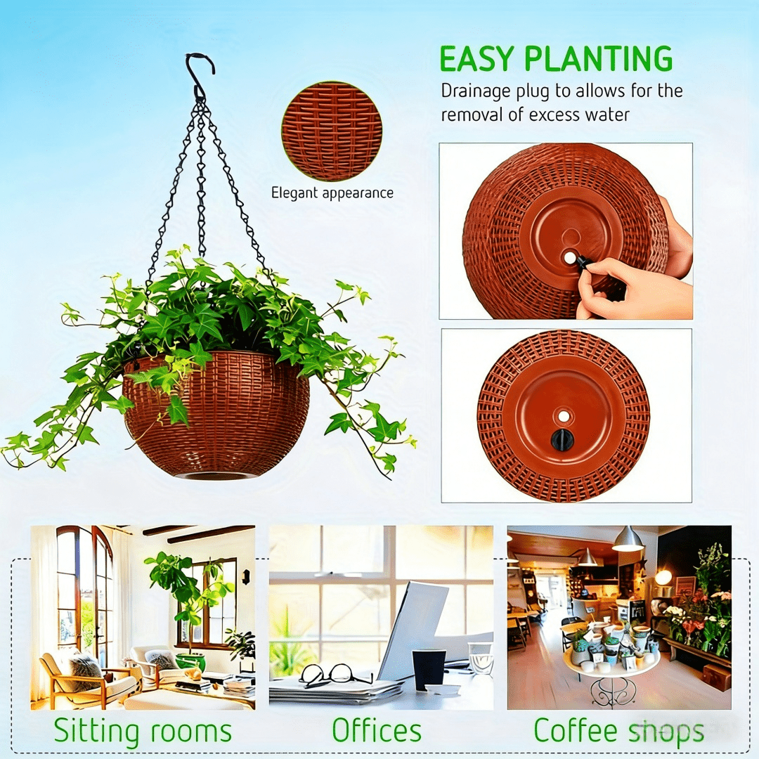 Pot de fleur suspendu noir Ø 17 cm, effet rotin avec drainage