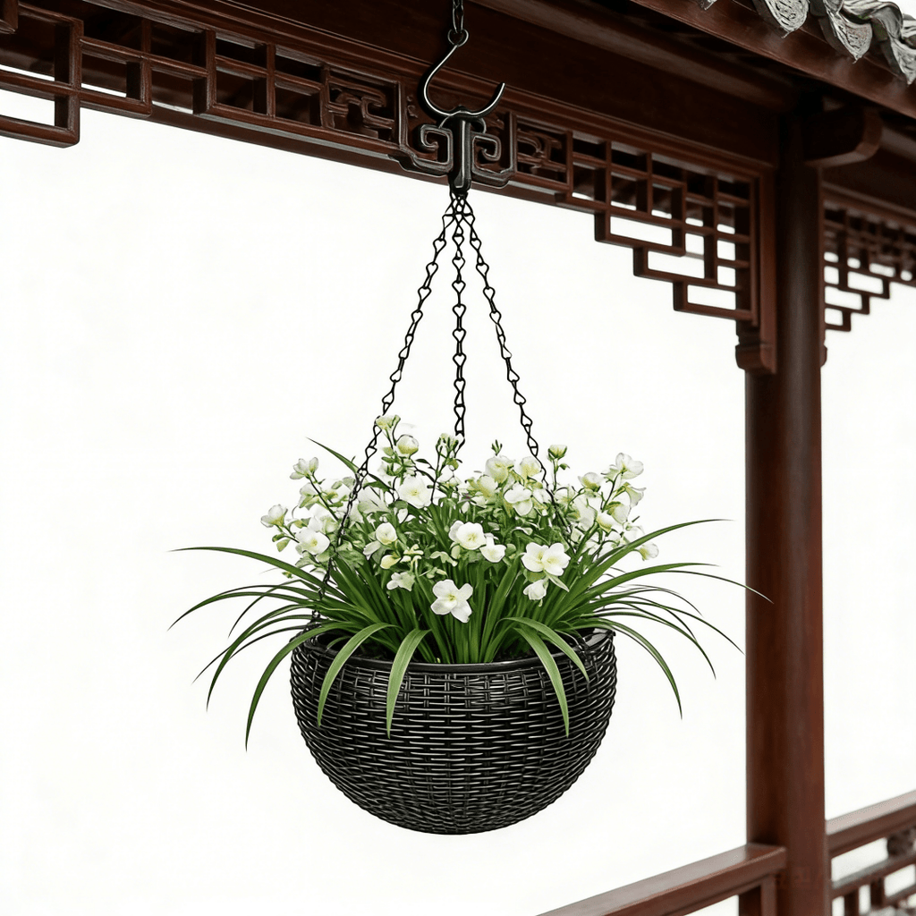Pot de fleur suspendu noir Ø 17 cm, effet rotin avec drainage