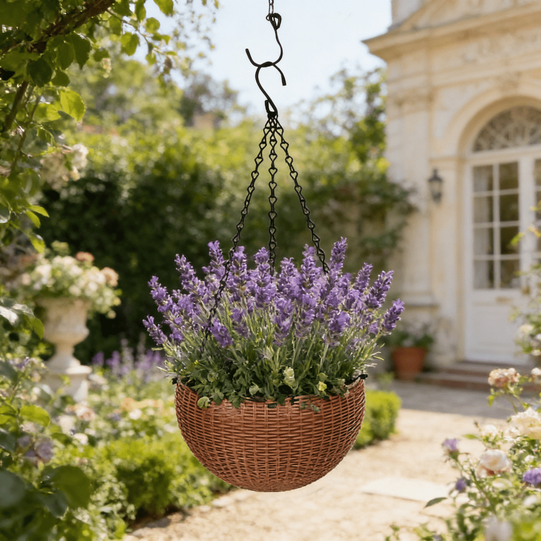 Pot de fleur suspendu noir Ø 17 cm, effet rotin avec drainage
