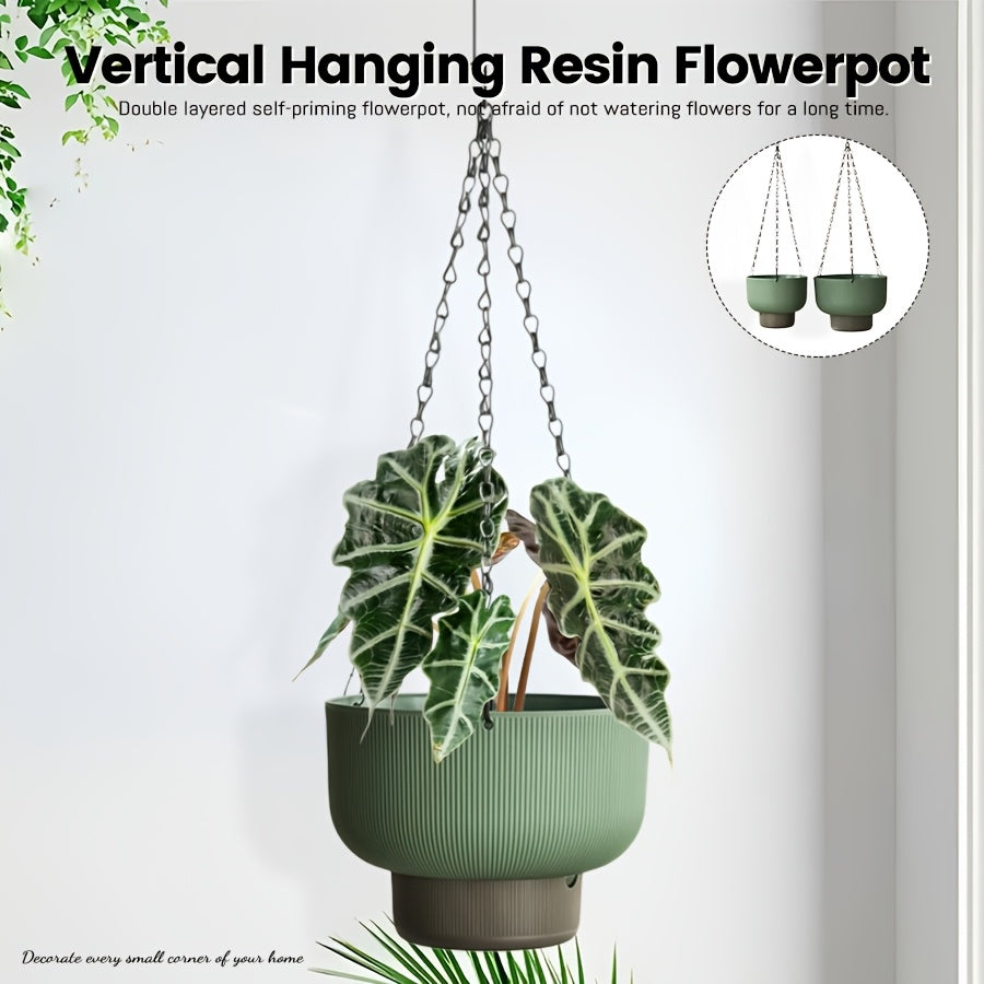 Pot de fleur suspendu à réserve d'eau, lot de 2, vert sauge