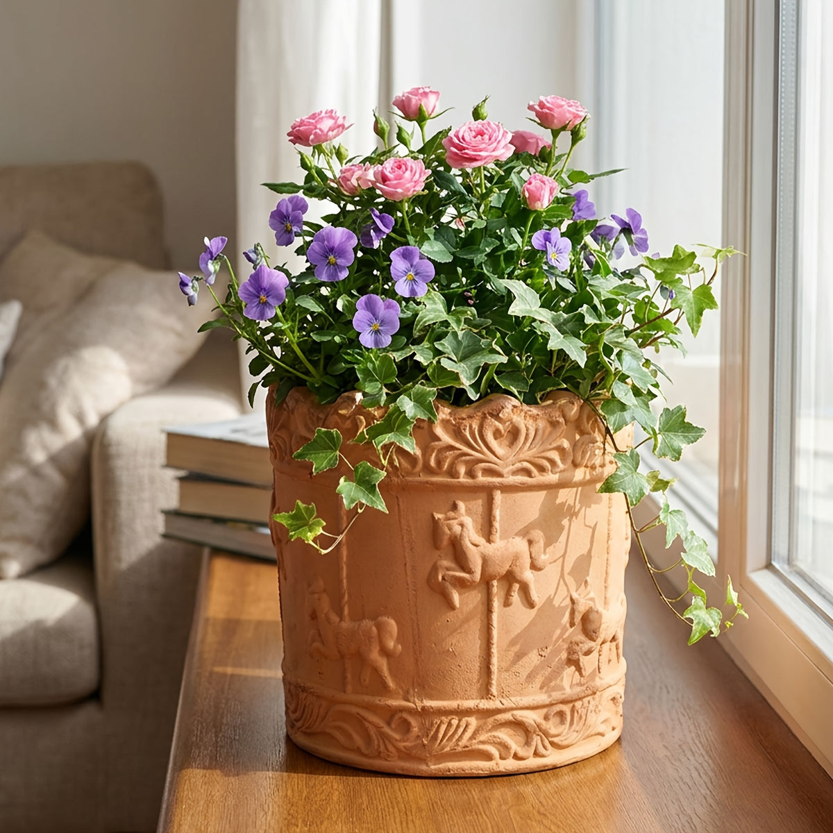 Pot de fleur en terre cuite Ø 20 cm - décor carrousel rétro