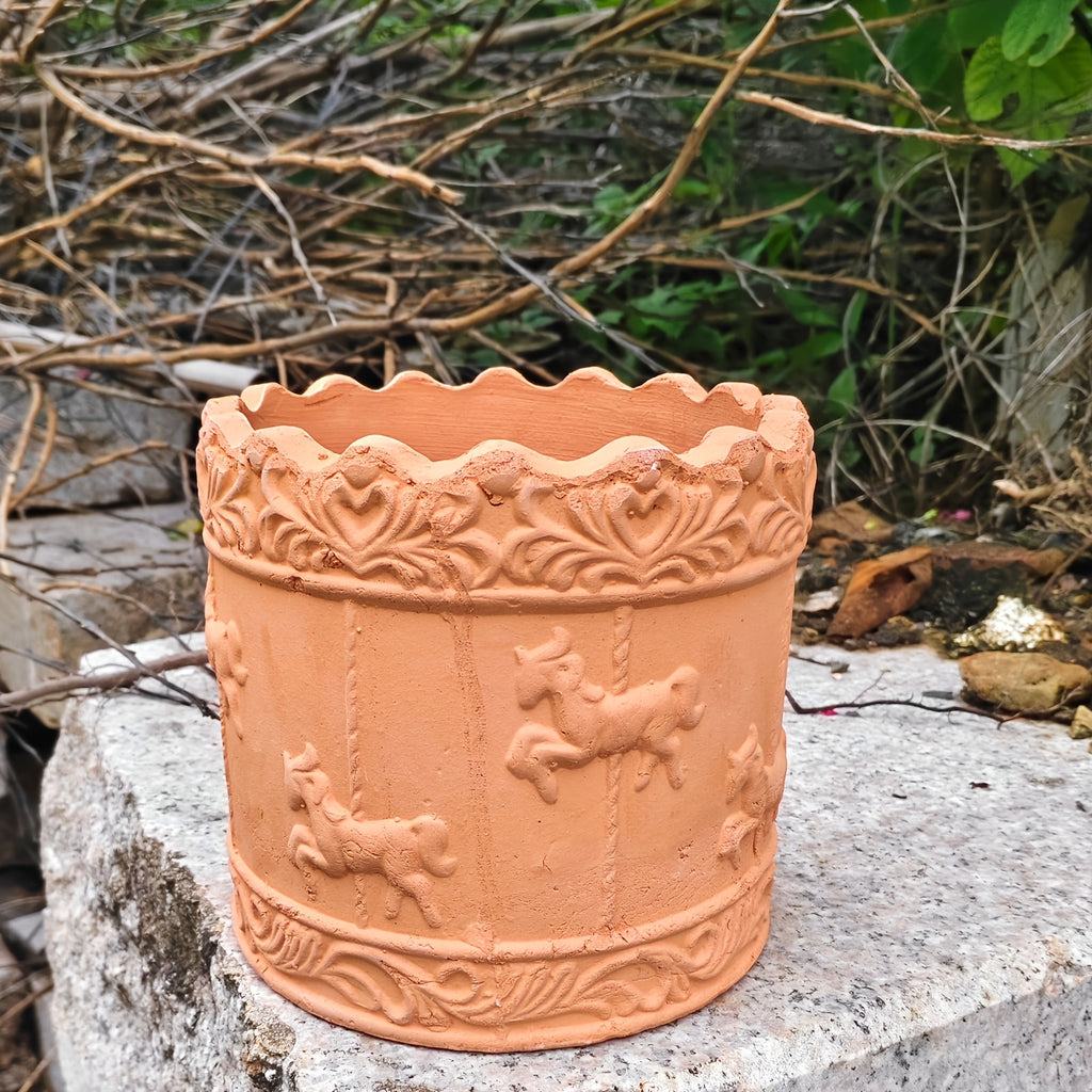 Pot de fleur en terre cuite Ø 20 cm - décor carrousel rétro