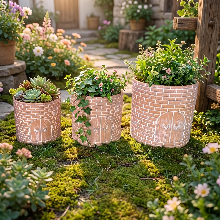 Pot de fleur en terre cuite motif brique — lot de 3 tailles