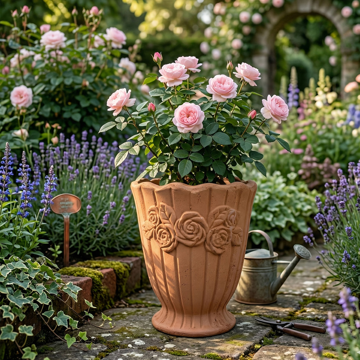 Pot de fleur en terre cuite Ø 17 cm — relief de roses vintage