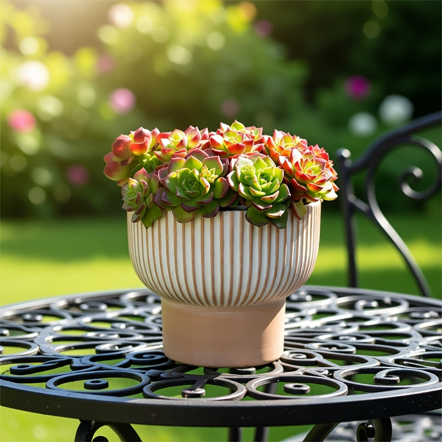 Pot de fleur en terre cuite sur pied Ø 17 cm à rayures crème