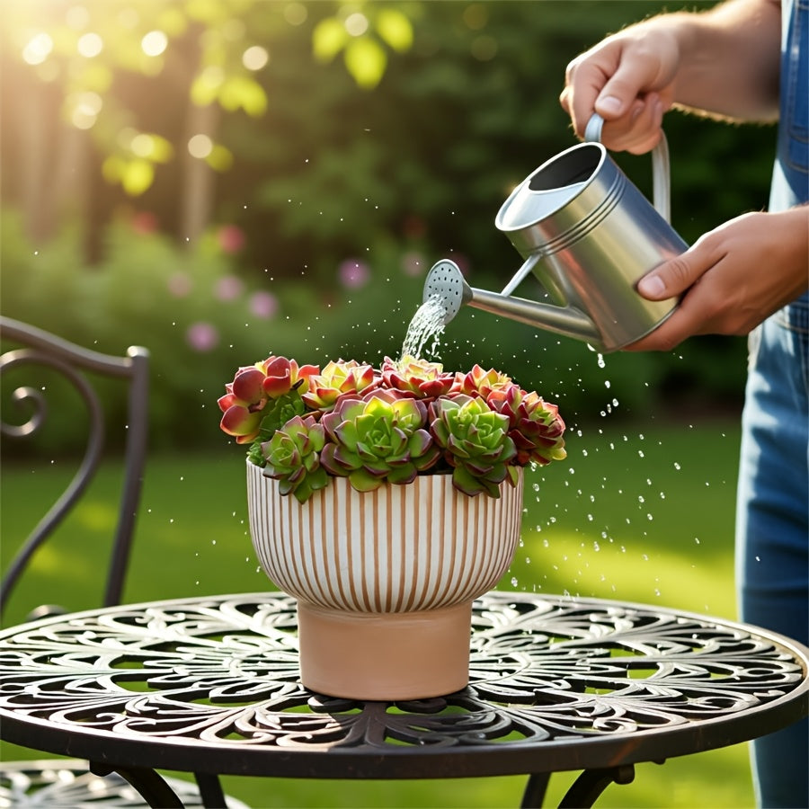 Pot de fleur en terre cuite sur pied Ø 17 cm à rayures crème