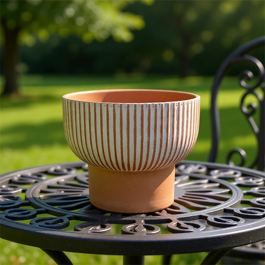 Pot de fleur en terre cuite sur pied Ø 17 cm à rayures crème