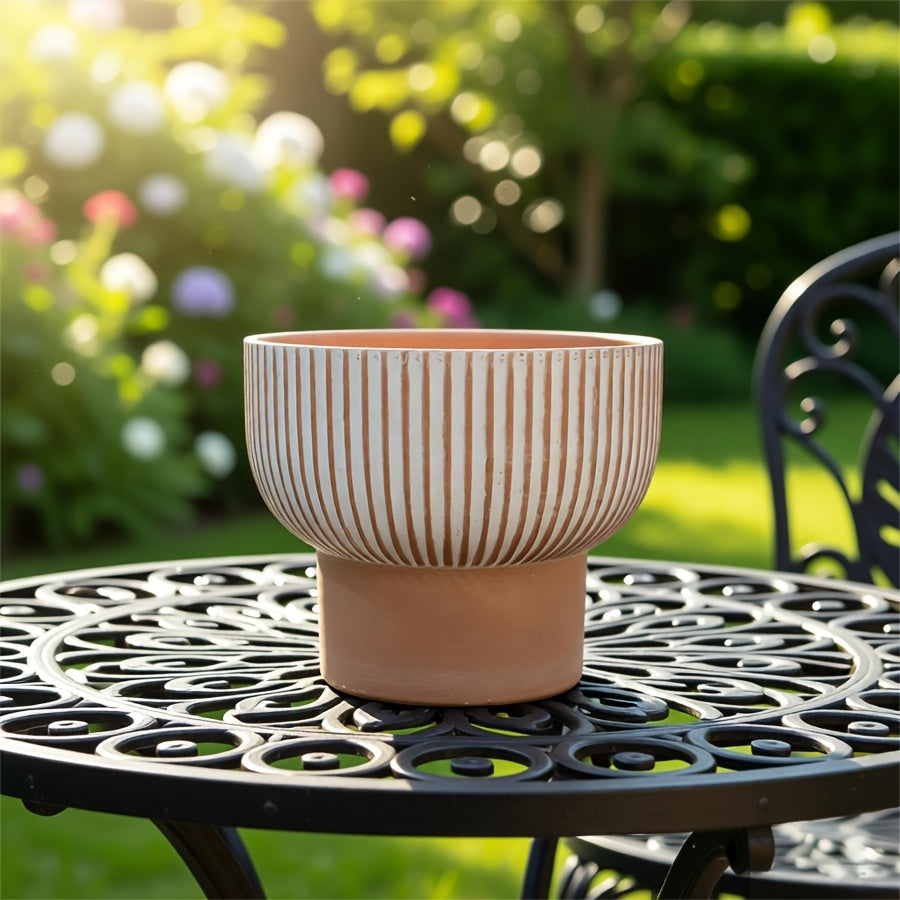 Pot de fleur en terre cuite sur pied Ø 17 cm à rayures crème