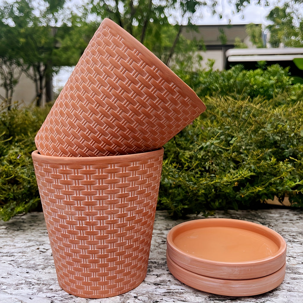 Pot de fleur en terre cuite Ø 13 cm effet tressé, lot de 2