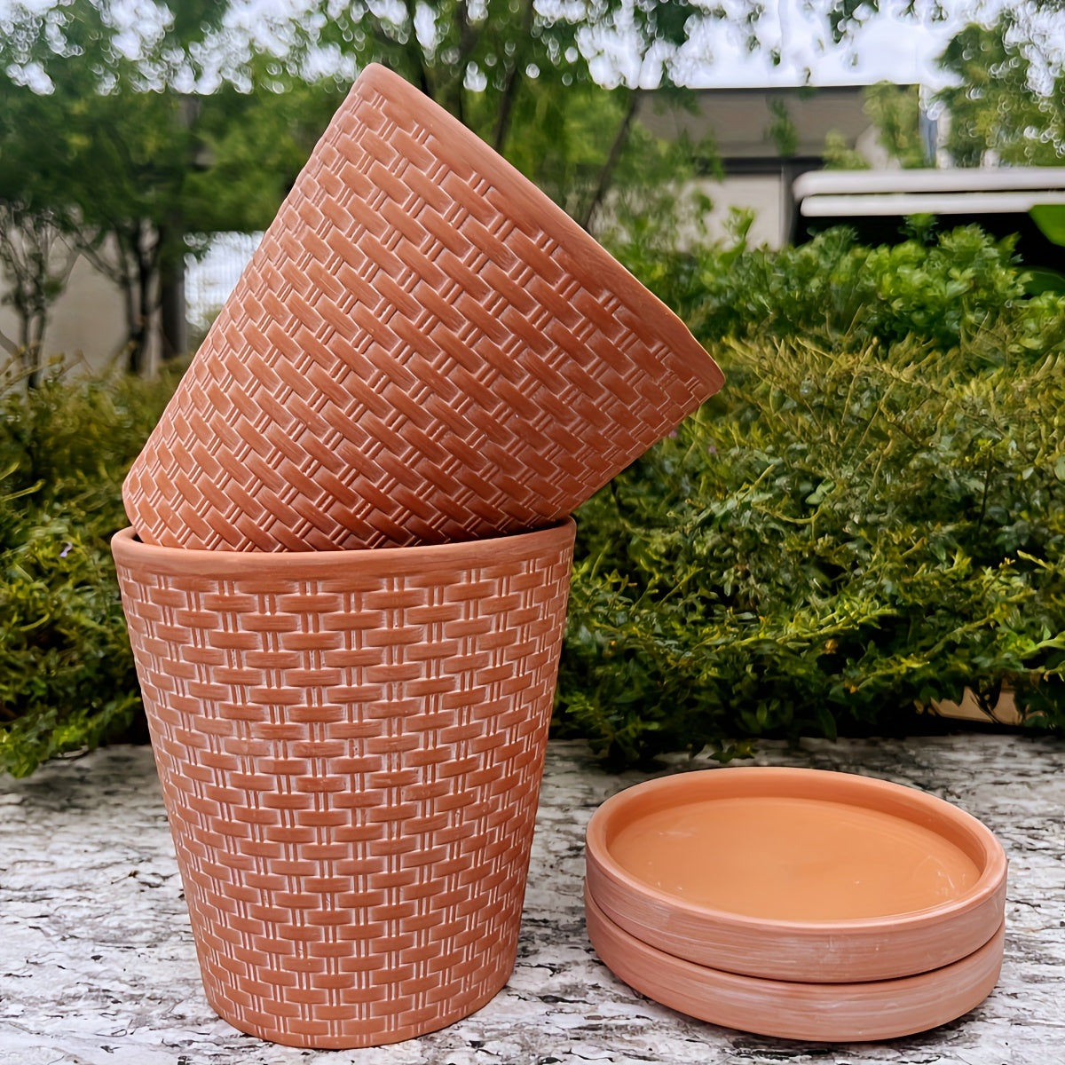 Pot de fleur en terre cuite Ø 13 cm effet tressé, lot de 2