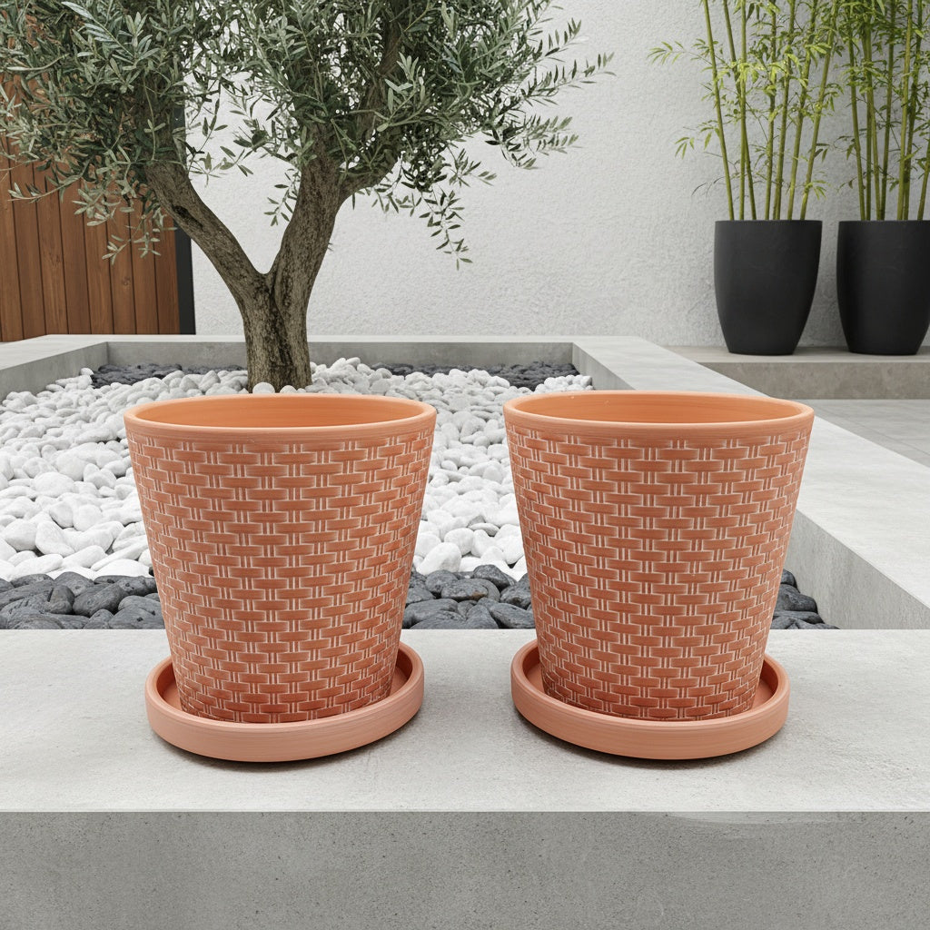 Pot de fleur en terre cuite Ø 13 cm effet tressé, lot de 2