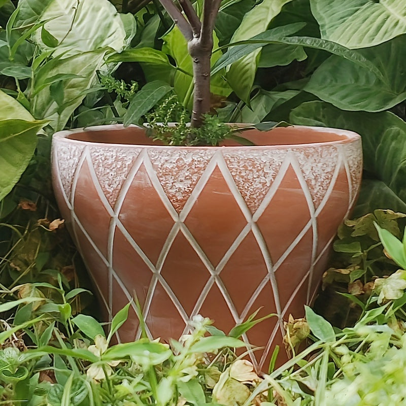 Pot de fleur terre cuite vintage à losanges — 3 tailles