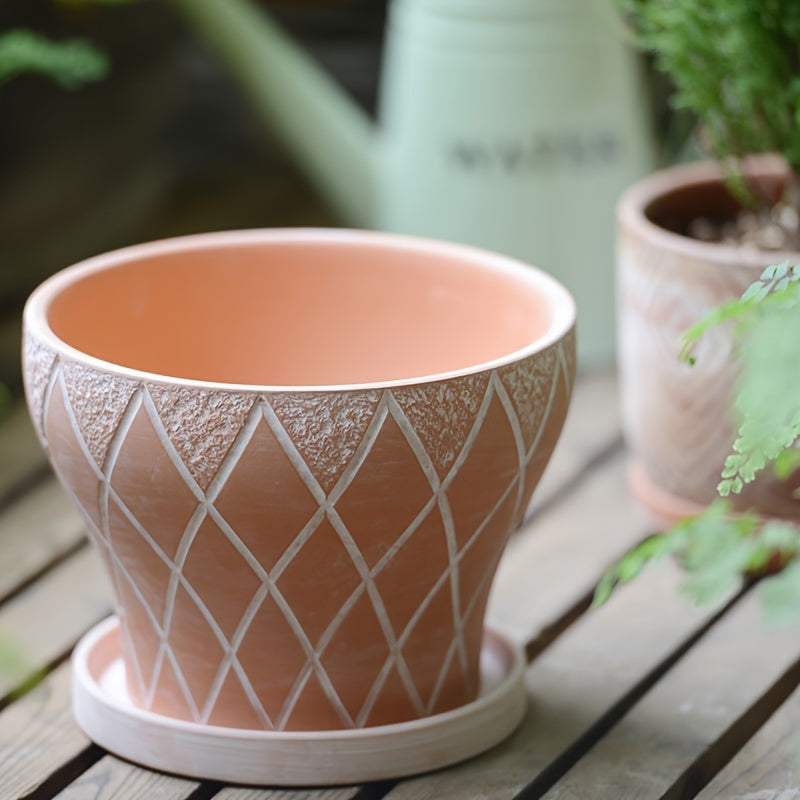 Pot de fleur terre cuite vintage à losanges — 3 tailles