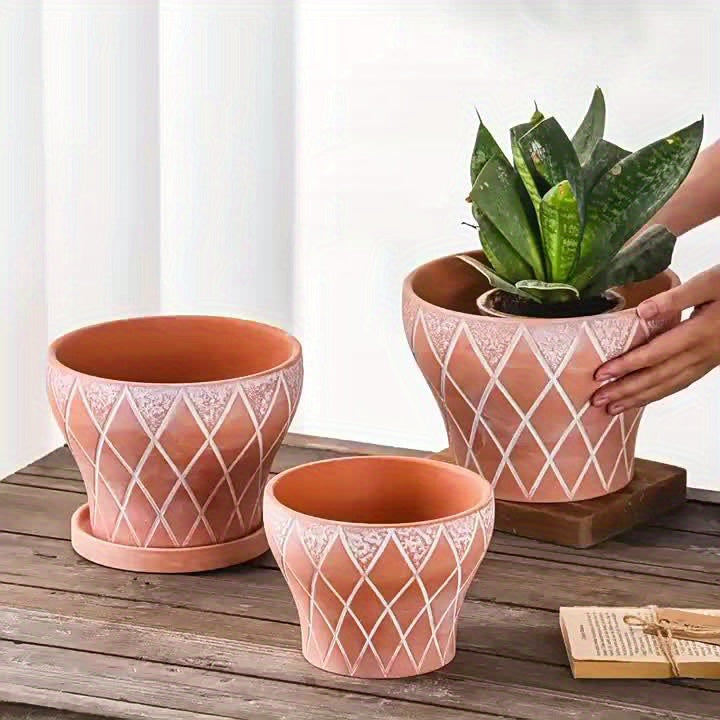 Pot de fleur terre cuite vintage à losanges — 3 tailles