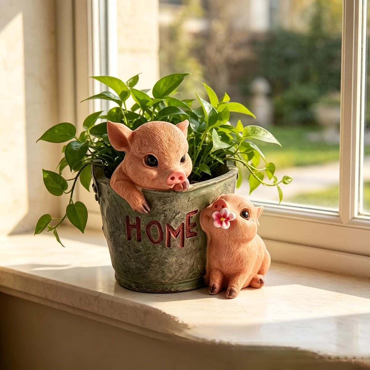 Pot de fleur vintage aux deux cochons 16x15x15 cm résine