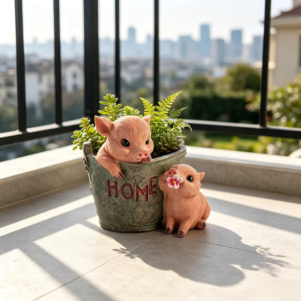 Pot de fleur vintage aux deux cochons 16x15x15 cm résine