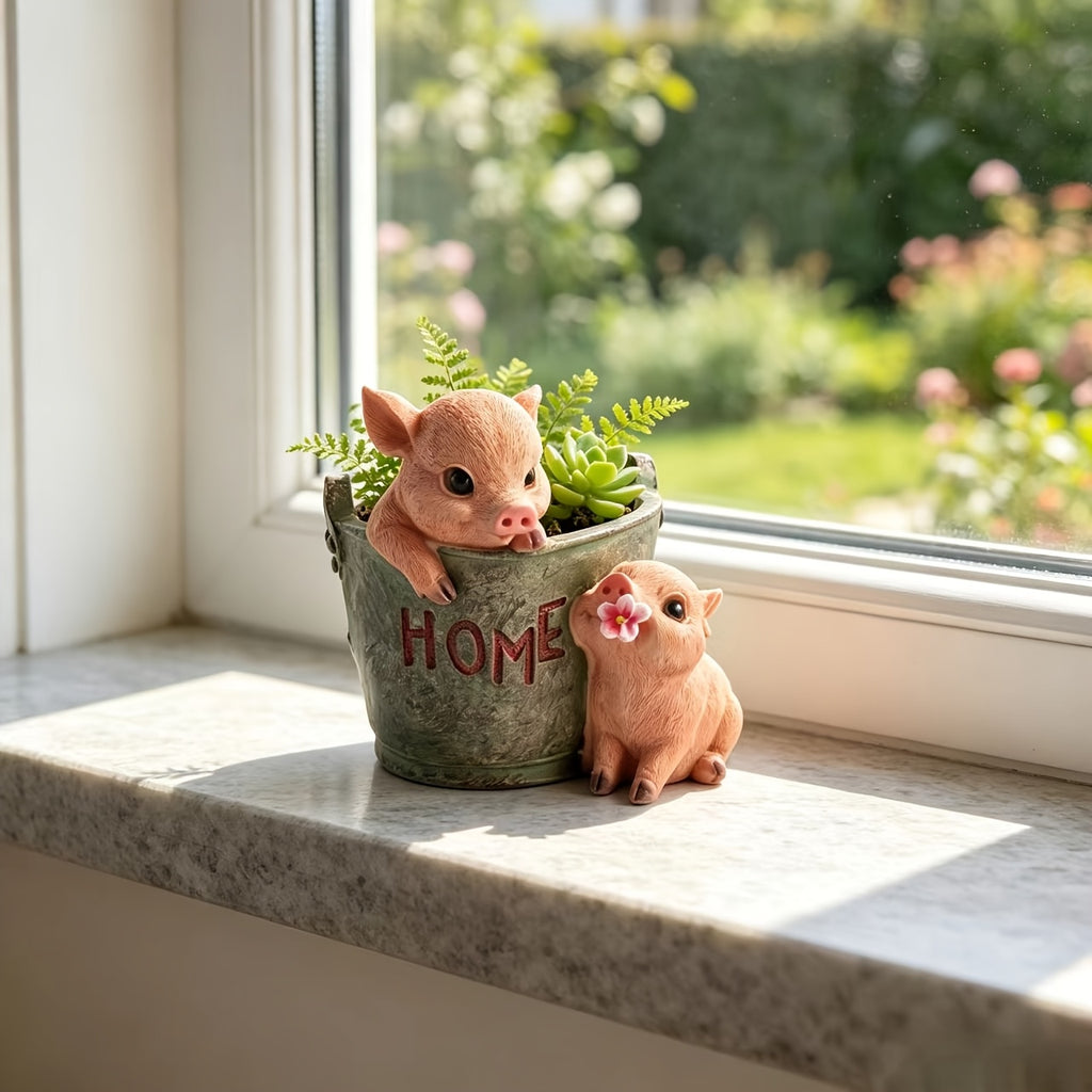 Pot de fleur vintage aux deux cochons 16x15x15 cm résine
