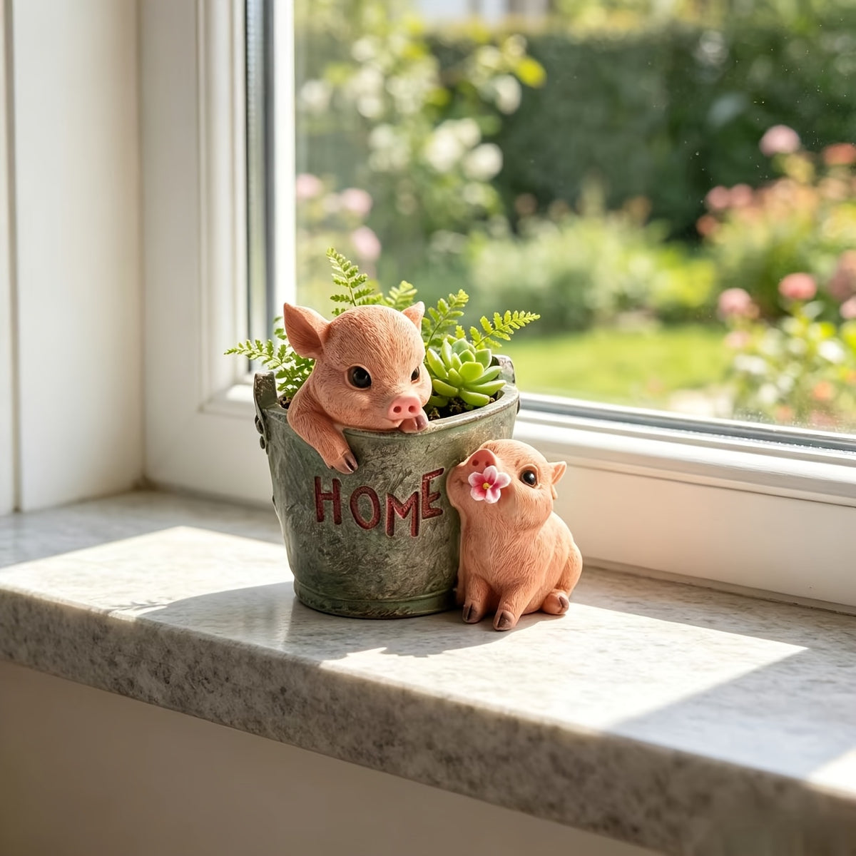 Pot de fleur vintage aux deux cochons 16x15x15 cm résine