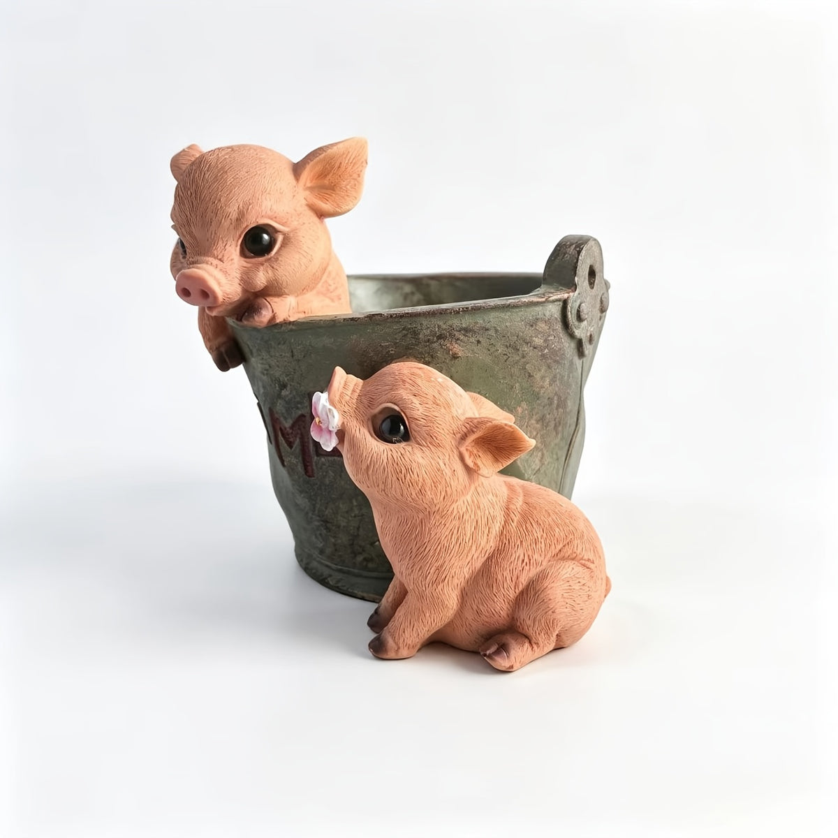 Pot de fleur vintage aux deux cochons 16x15x15 cm résine