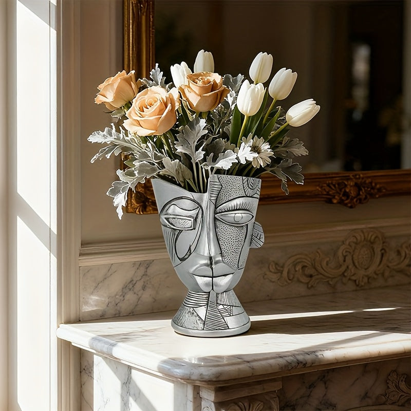 Pot de fleur visage abstrait argenté 20 cm, trou de drainage