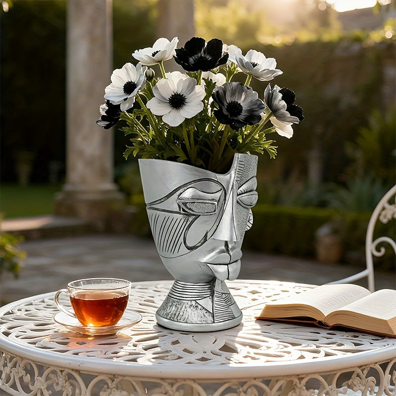 Pot de fleur visage abstrait argenté 20 cm, trou de drainage