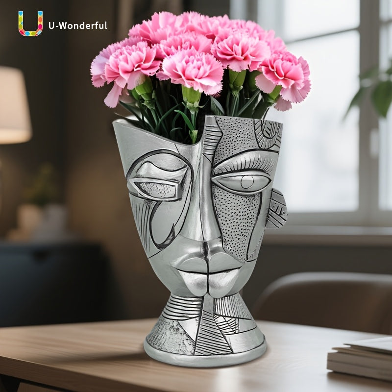 Pot de fleur visage abstrait argenté 20 cm, trou de drainage