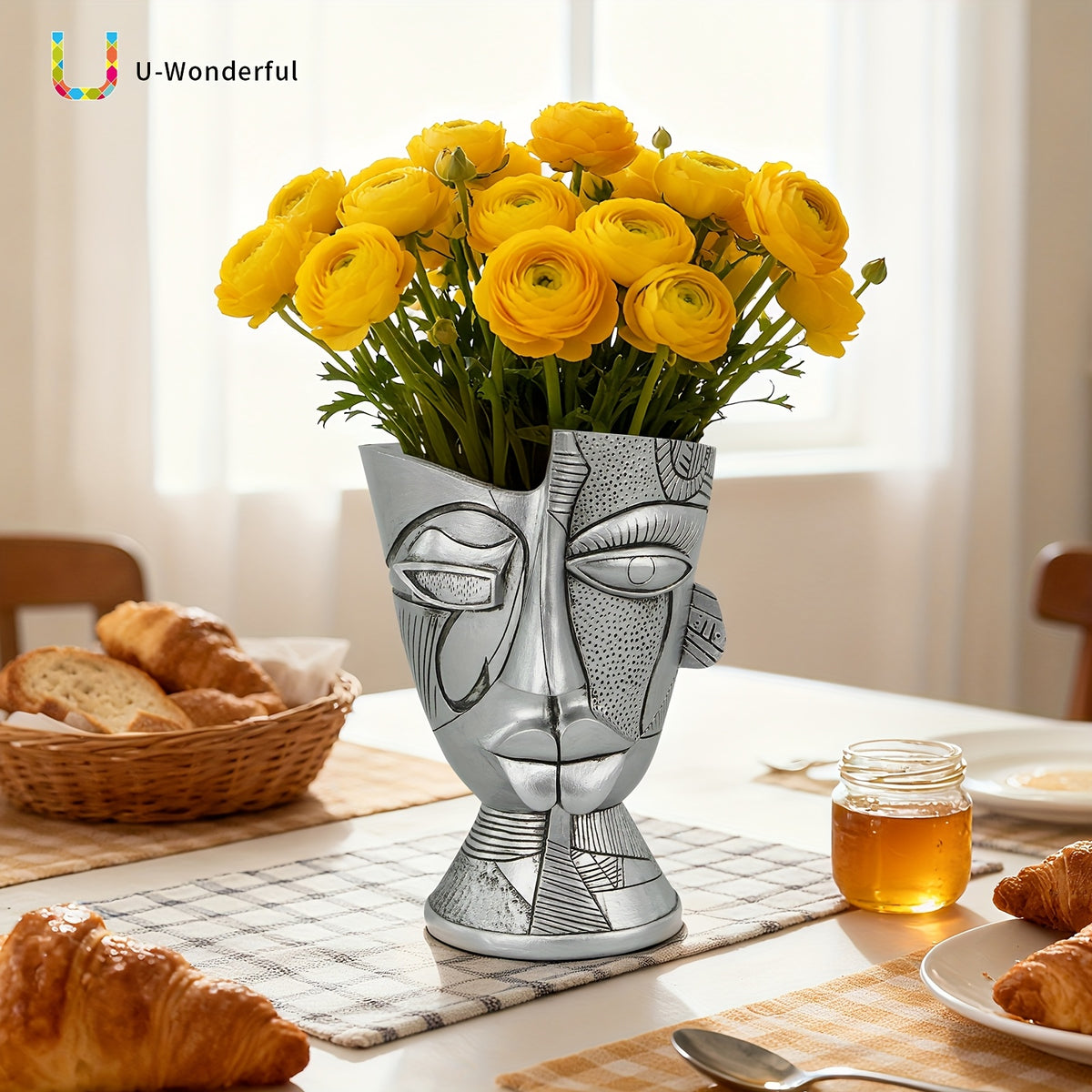 Pot de fleur visage abstrait argenté 20 cm, trou de drainage