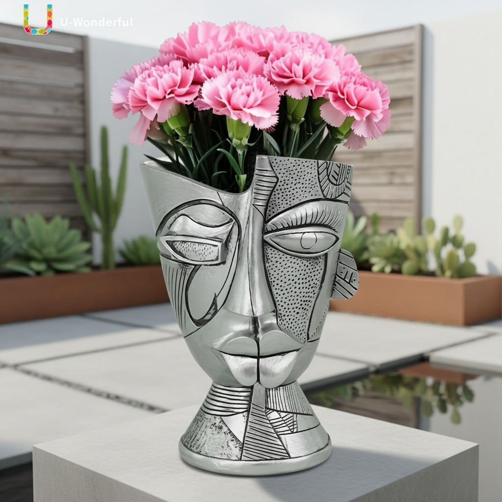 Pot de fleur visage abstrait argenté 20 cm, trou de drainage