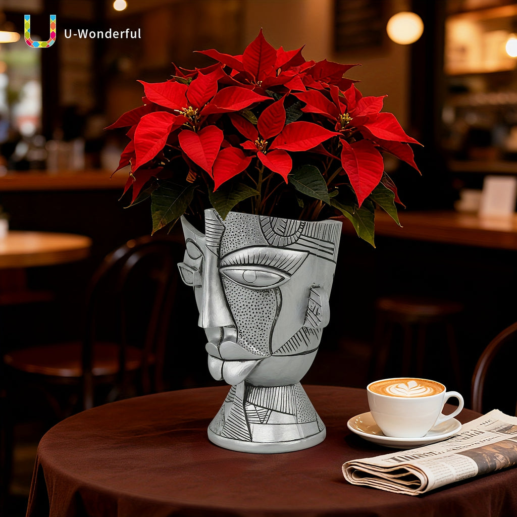 Pot de fleur visage abstrait argenté 20 cm, trou de drainage