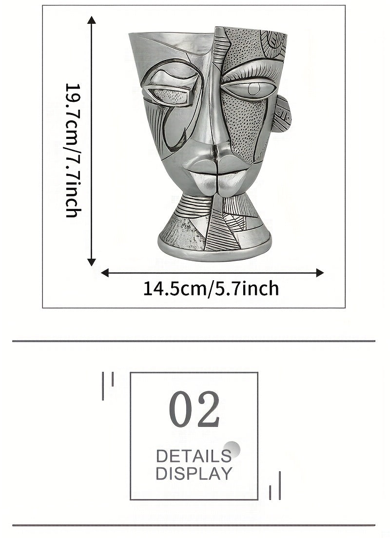 Pot de fleur visage abstrait argenté 20 cm, trou de drainage