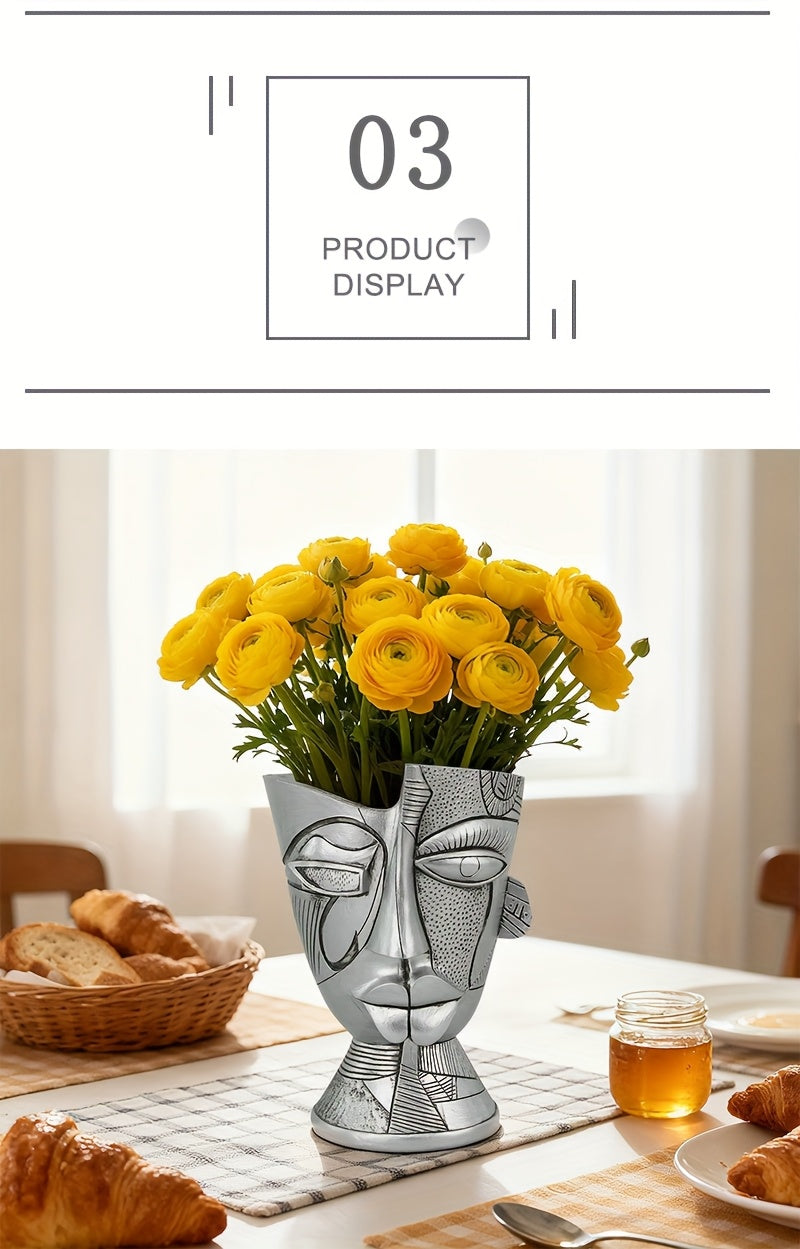 Pot de fleur visage abstrait argenté 20 cm, trou de drainage