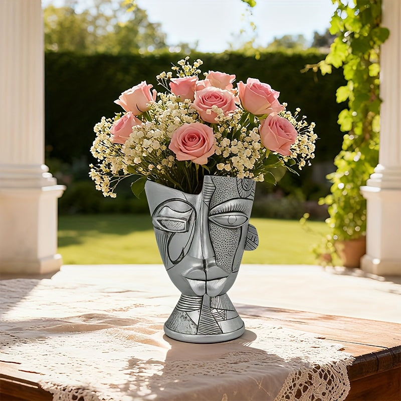 Pot de fleur visage abstrait argenté 20 cm, trou de drainage