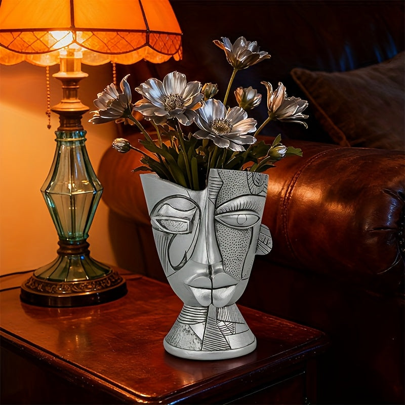 Pot de fleur visage abstrait argenté 20 cm, trou de drainage