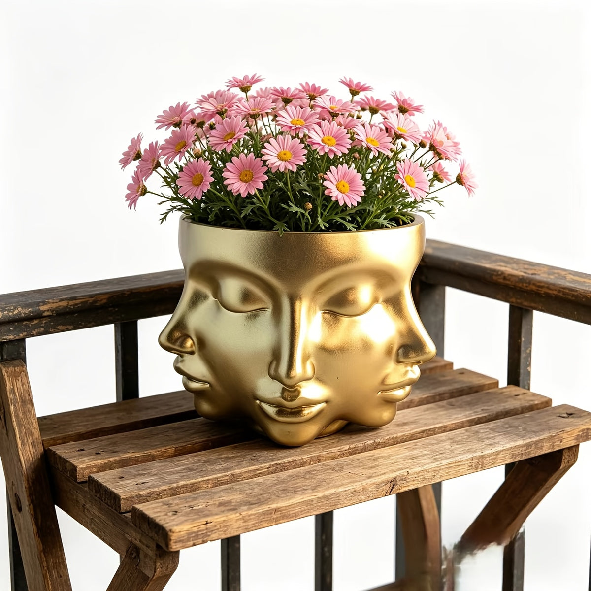 Pot de fleur original en résine dorée, visage multi-faces 15 cm