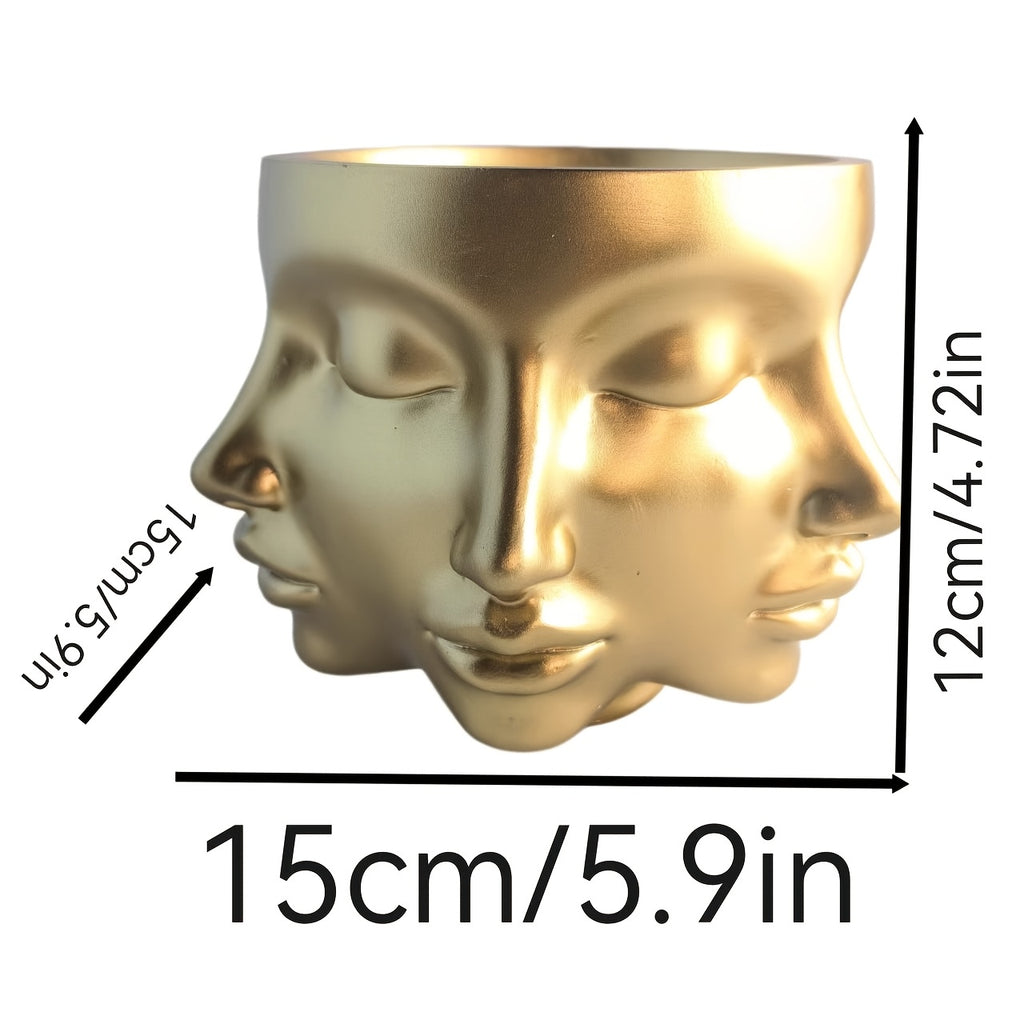 Pot de fleur original en résine dorée, visage multi-faces 15 cm
