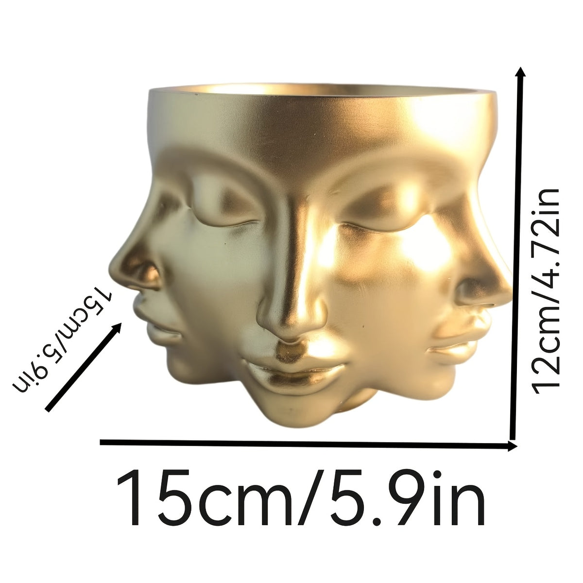 Pot de fleur original en résine dorée, visage multi-faces 15 cm