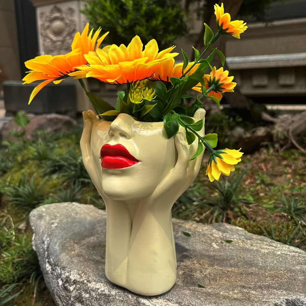 Pot de fleur visage aux lèvres rouges Ø 13 cm en résine