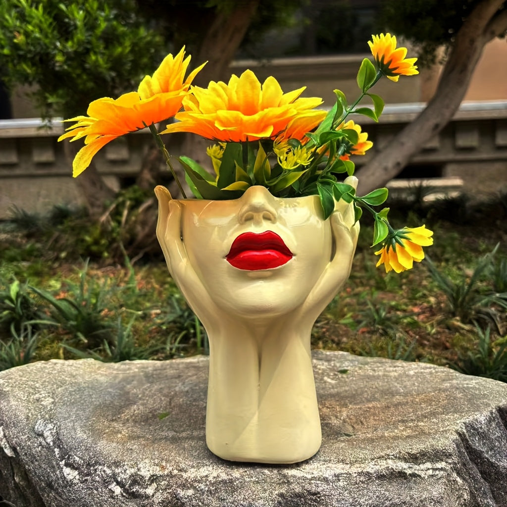 Pot de fleur visage aux lèvres rouges Ø 13 cm en résine