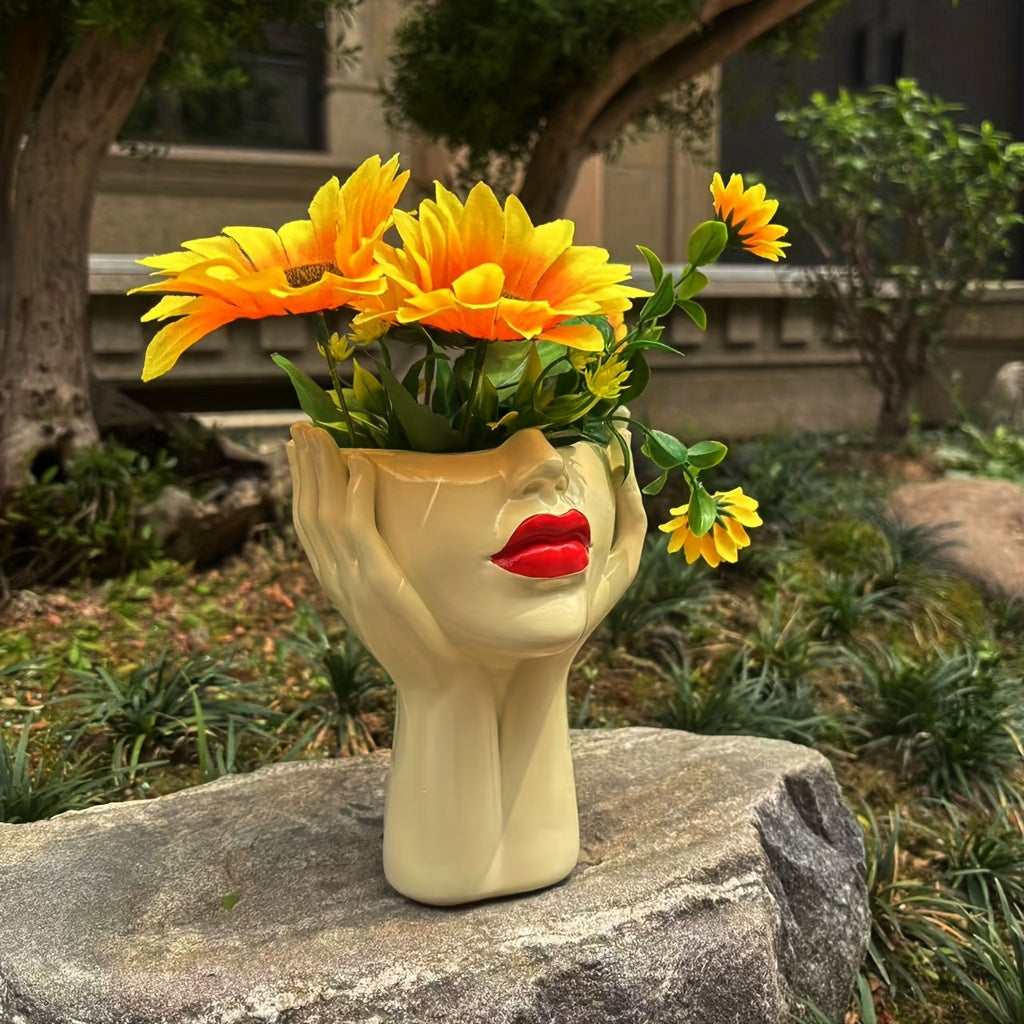 Pot de fleur visage aux lèvres rouges Ø 13 cm en résine
