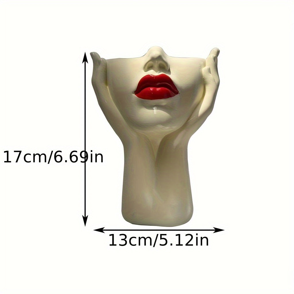 Pot de fleur visage aux lèvres rouges Ø 13 cm en résine