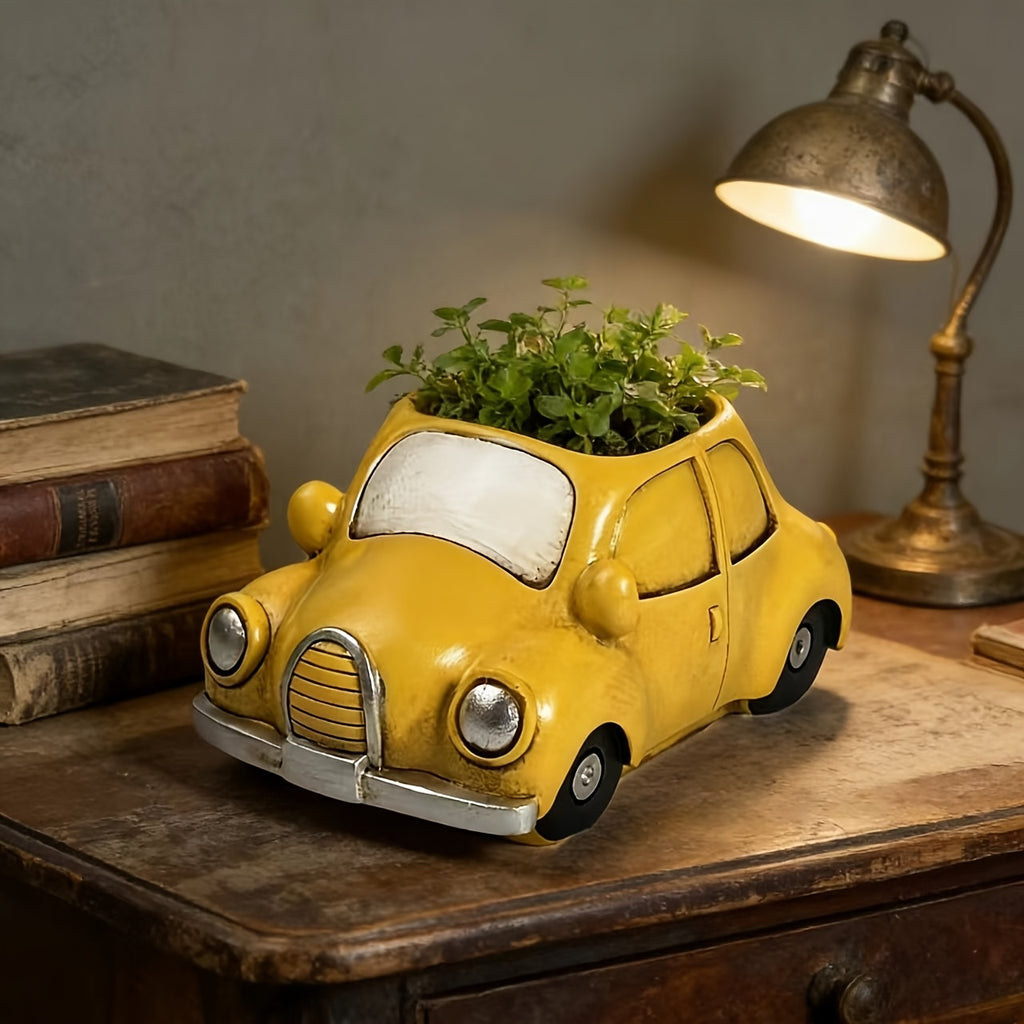 Pot de fleur voiture jaune en résine 15 cm avec drainage